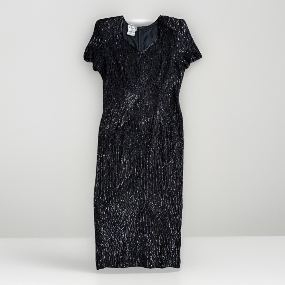 New 90s Formal Black Maxi Sheath Dress Size 14 Silk Sequin Beaded Wedding Prom